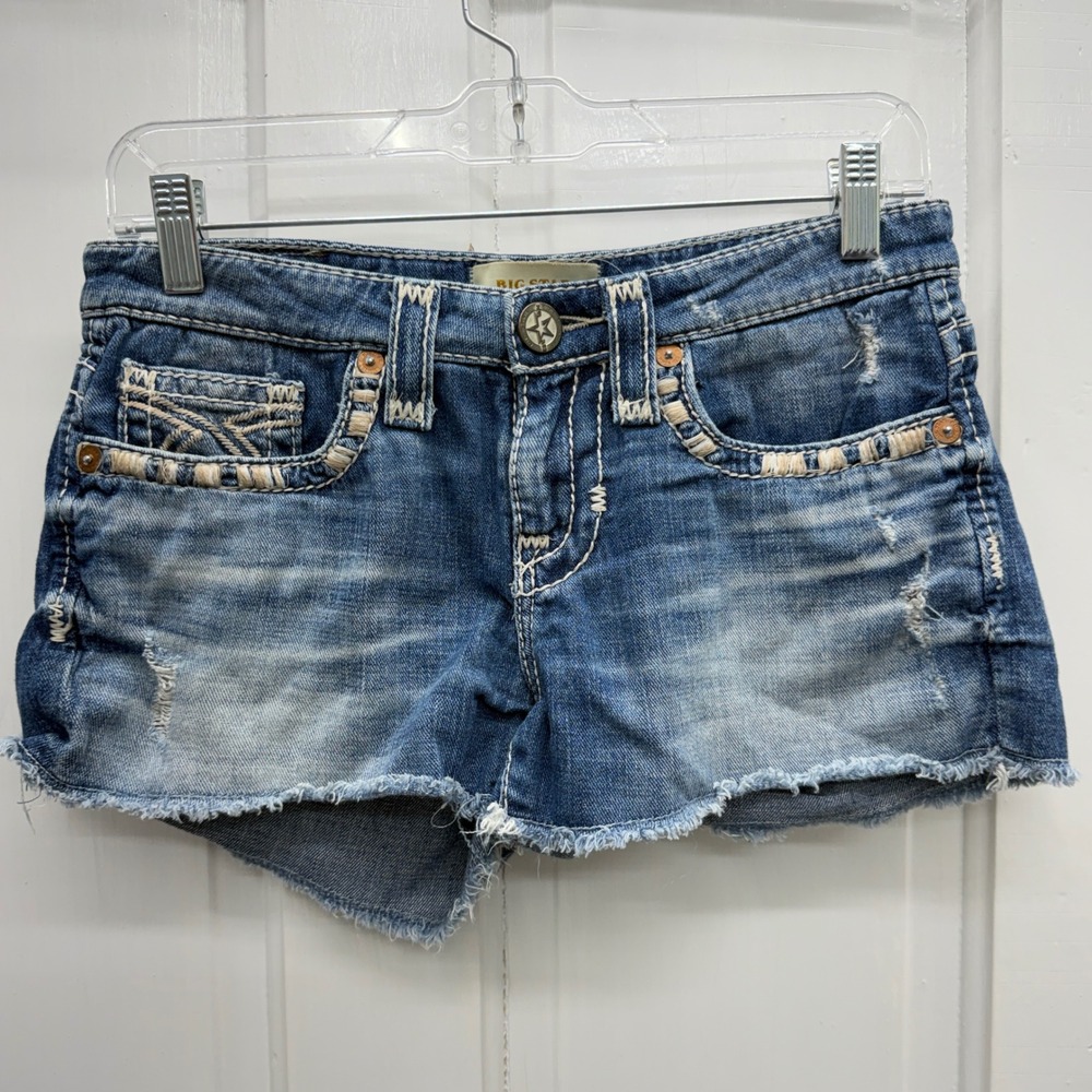 Big Star Liv Womens 26 Thick Stitch Distressed Denim Jean Shorts Raw Hem Blue